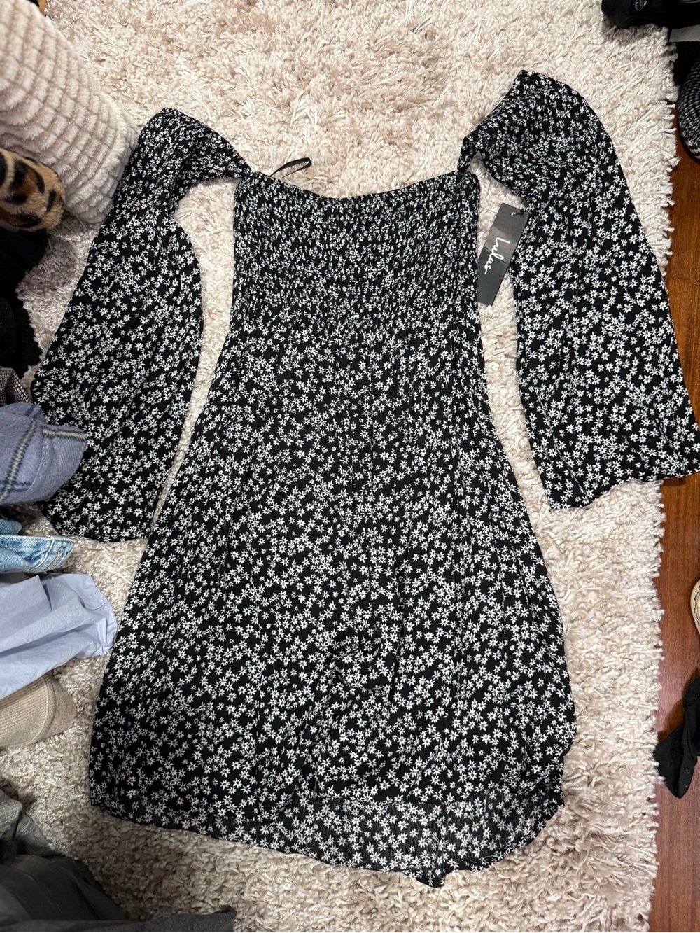 Lulu's Black Floral Smocked Puff Sleeve Mini Dress